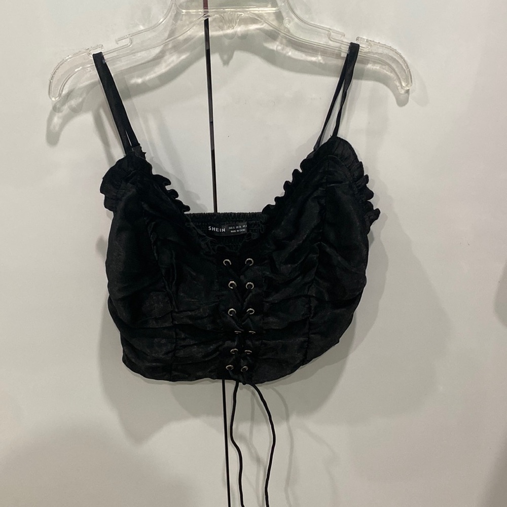 Black corset crop top with string in front